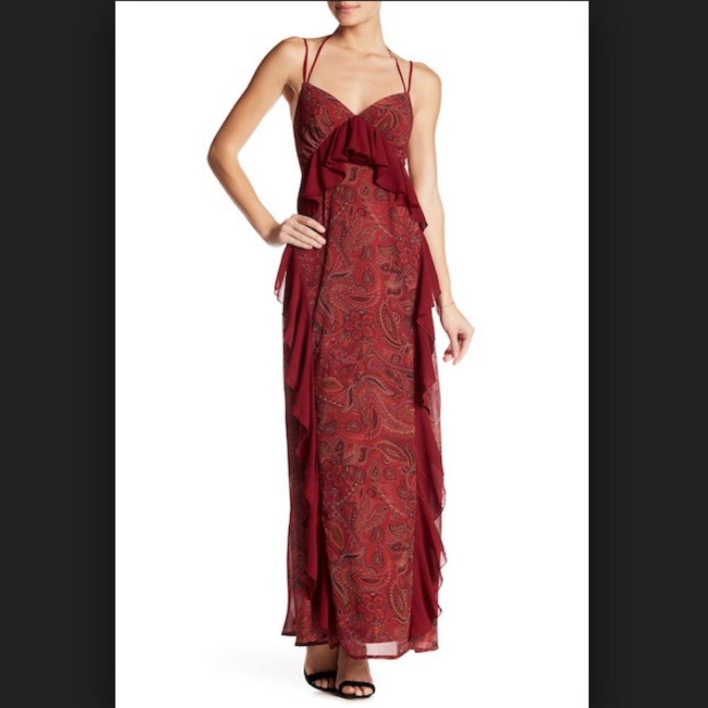 NEW NSR MAXI LONG DRESS Red Paisley Print Ruffle Halter Neck Size XS NWT!